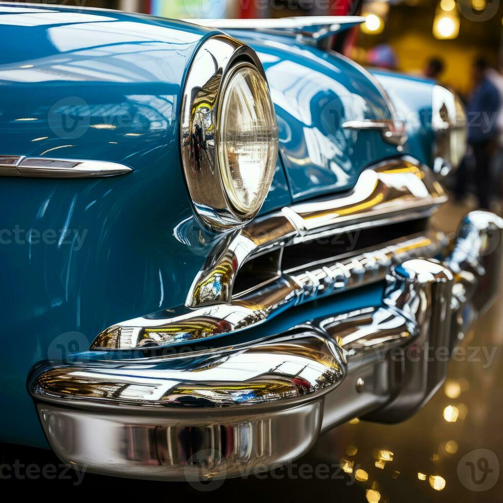 a close up of the front of a classic blue car generative ai photo