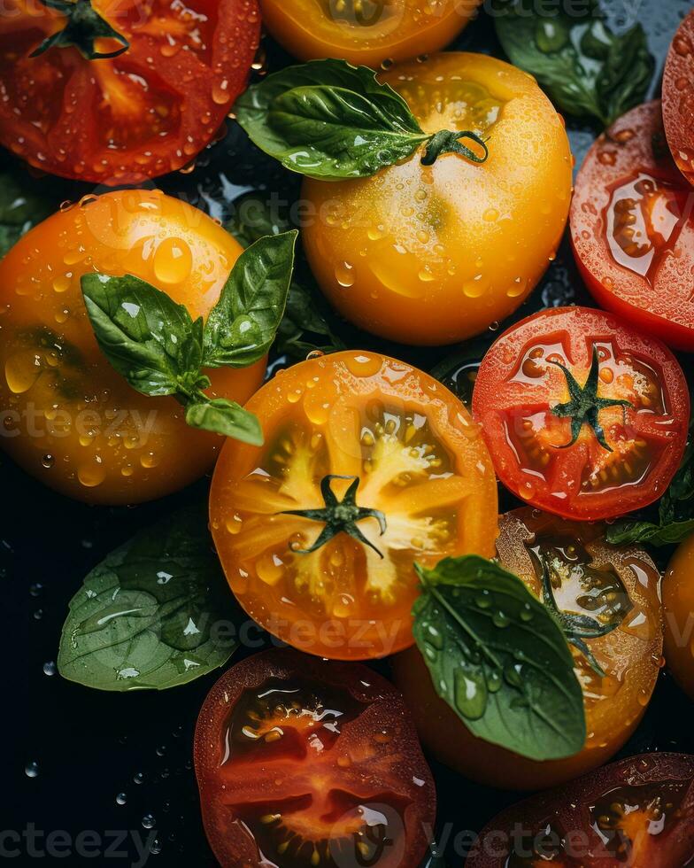 a close up of tomatoes with water droplets on them generative ai photo