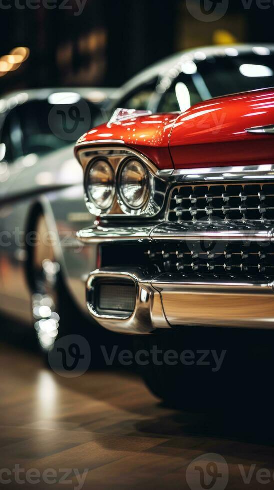 a close up of two classic cars in a showroom generative ai photo