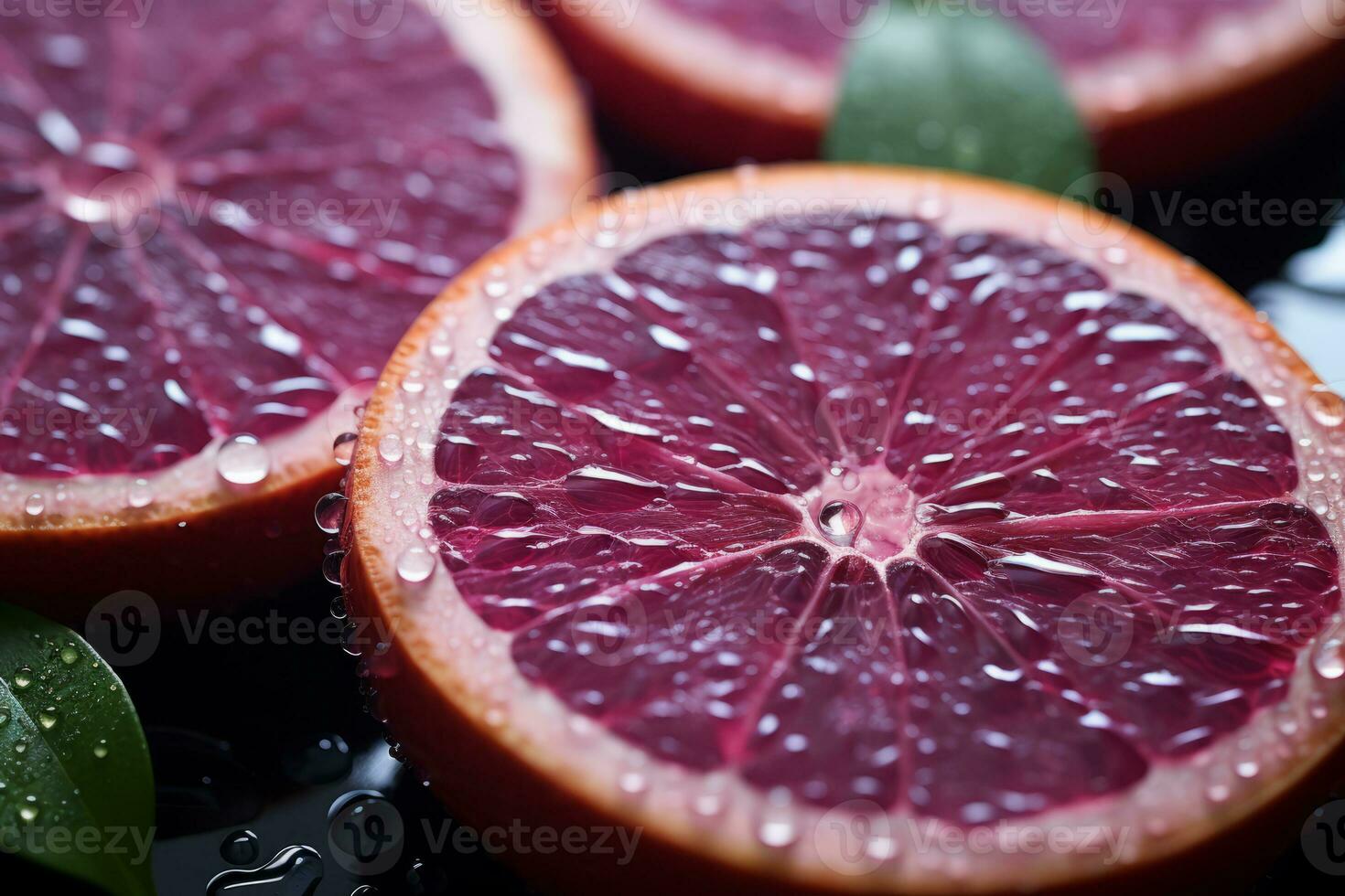 a close up of two slices of blood orange with water droplets generative ai photo