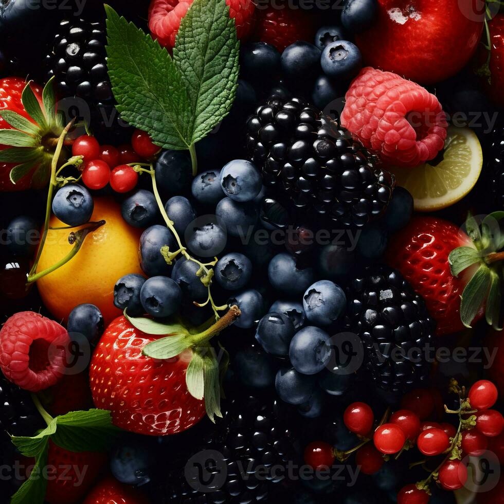 a close up view of a bowl full of berries and other fruits generative ai photo
