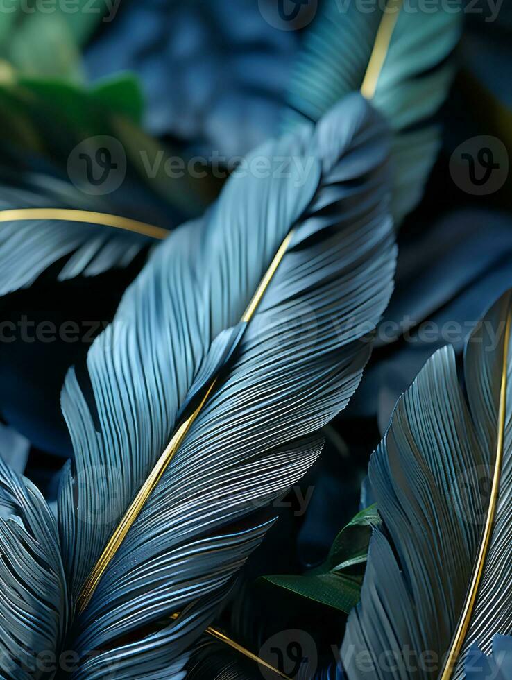 a close up view of a bunch of blue and green feathers generative ai photo