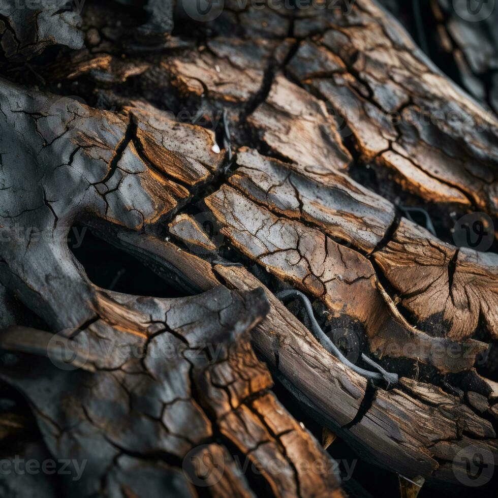a close up view of a burnt tree trunk generative ai photo