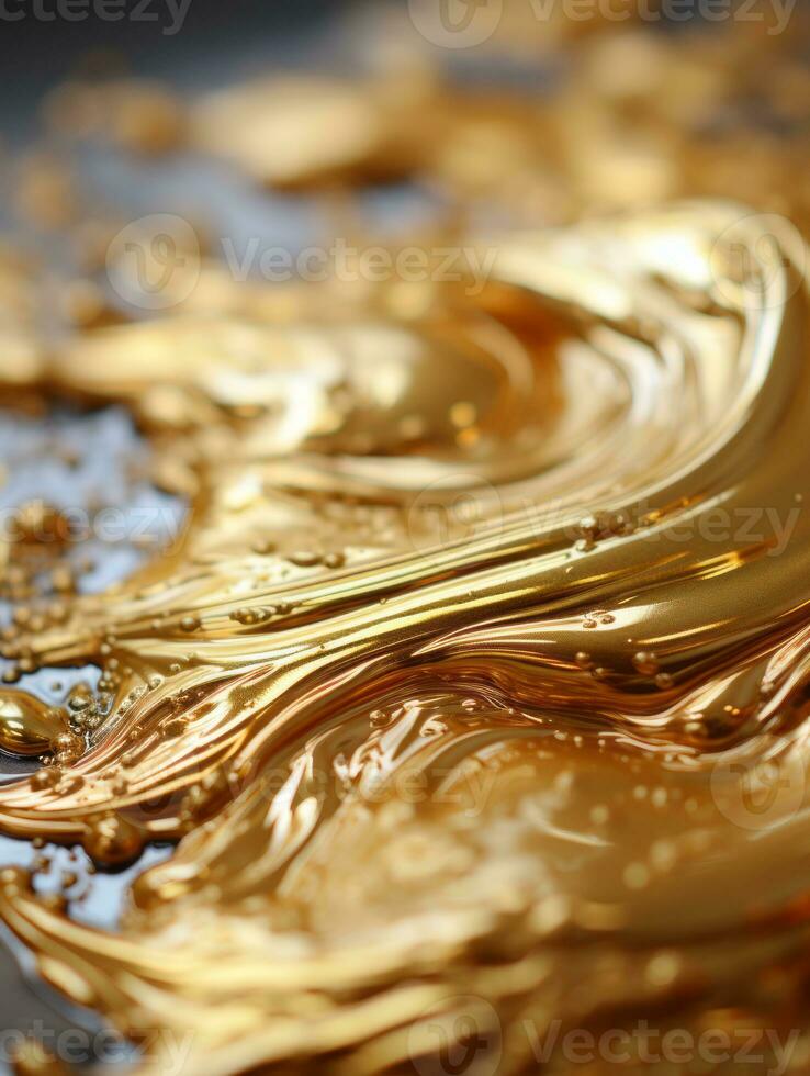 a close up view of a gold liquid on a black surface generative ai photo