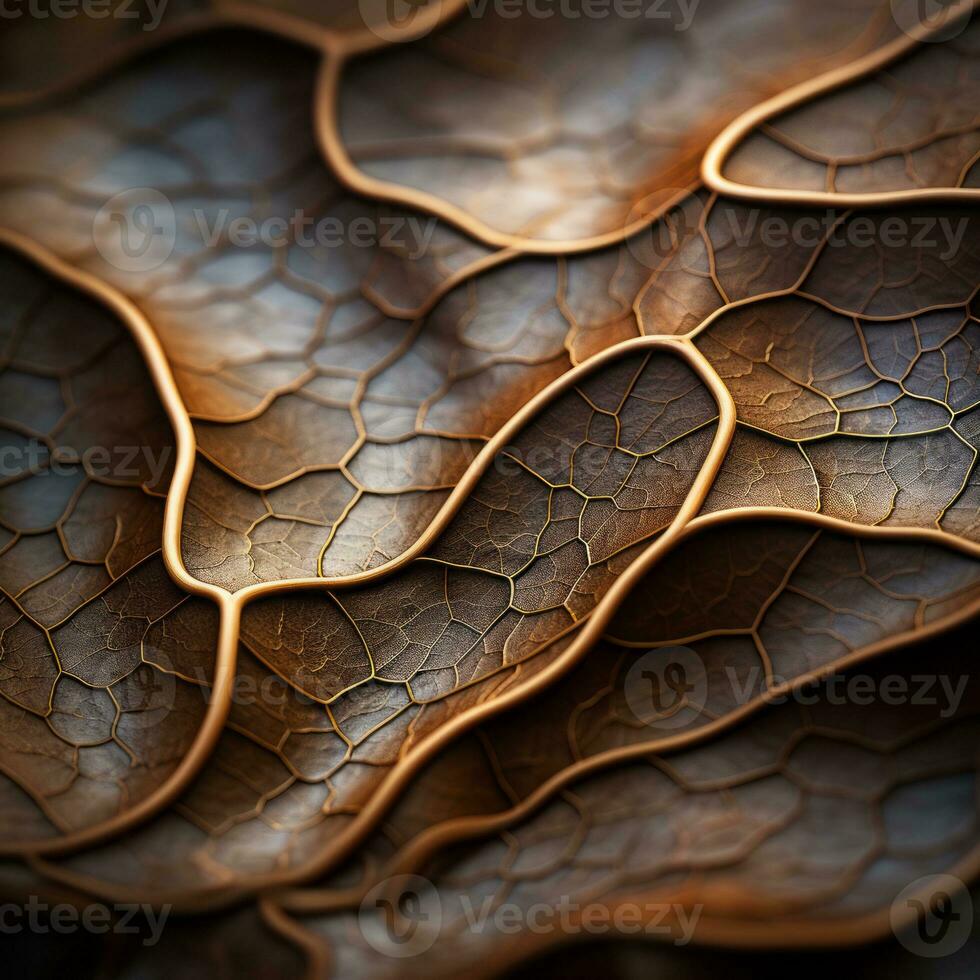 a close up view of a leaf with brown and gold veins generative ai photo