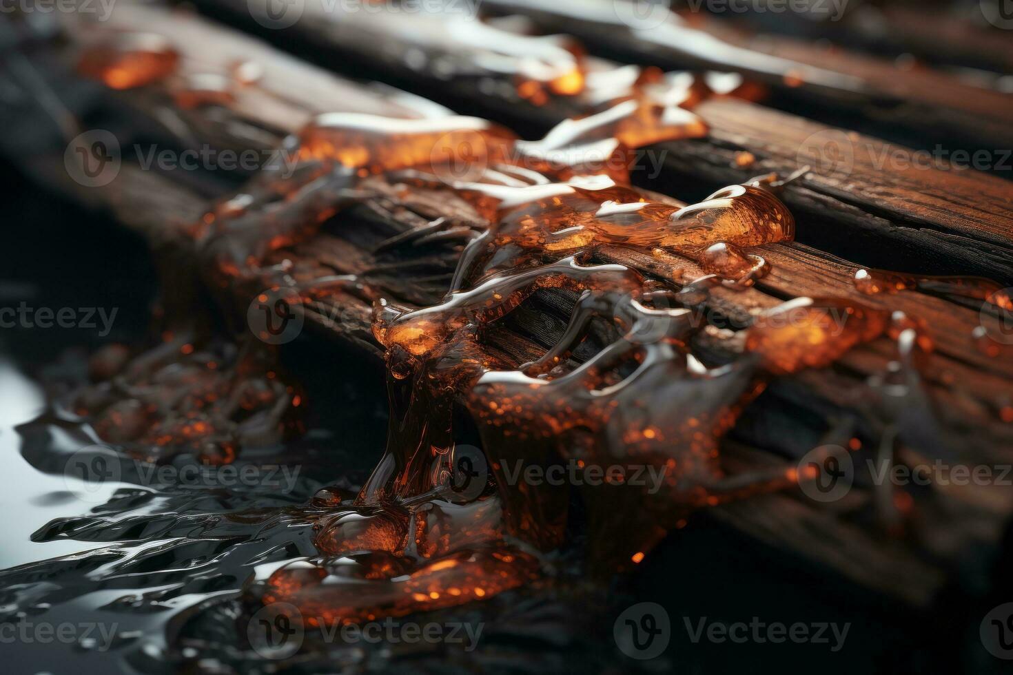 a close up view of a wooden plank with liquid dripping from it generative ai photo