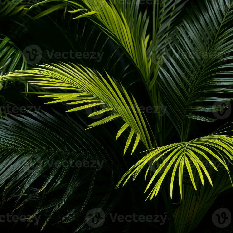 a close up view of green palm leaves on a black background generative ai photo