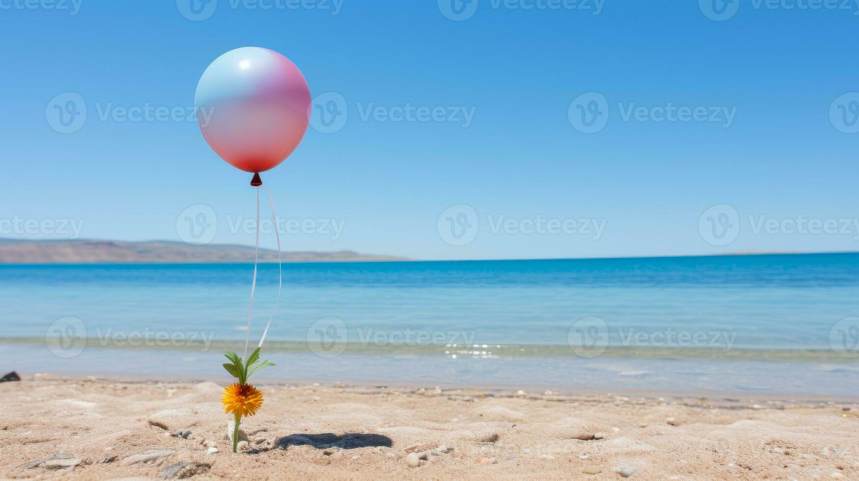a colorful balloon floating in the air on a sandy beach generative ai photo