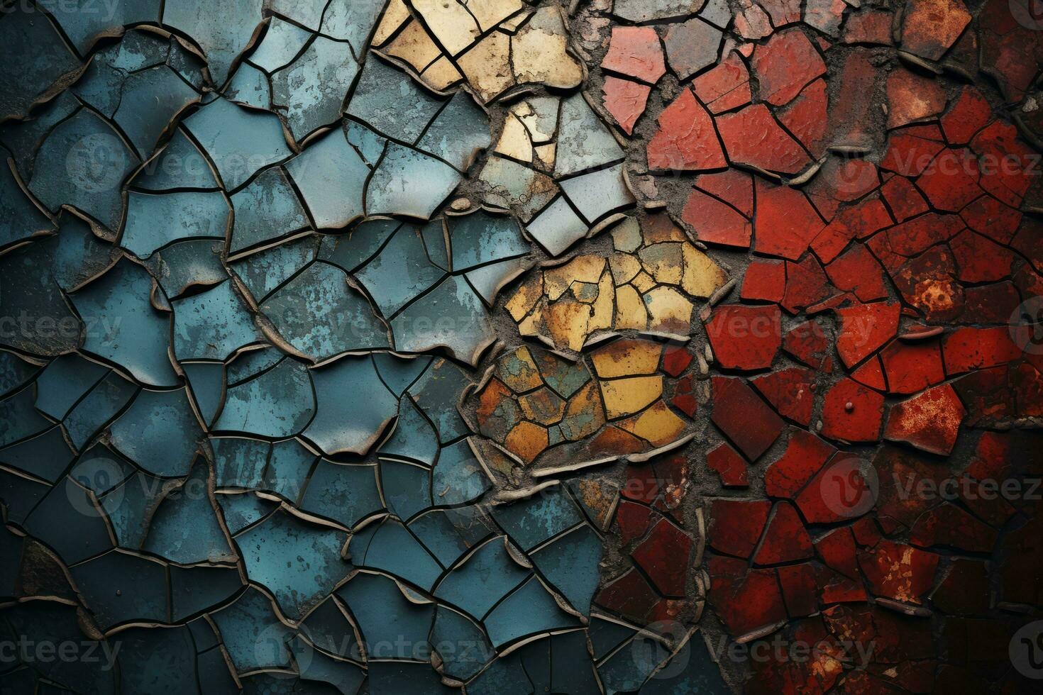 a cracked wall with a red blue and yellow color scheme generative ai photo