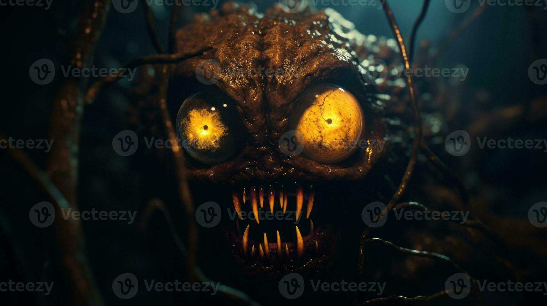 a creepy monster with glowing eyes and big teeth generative ai photo