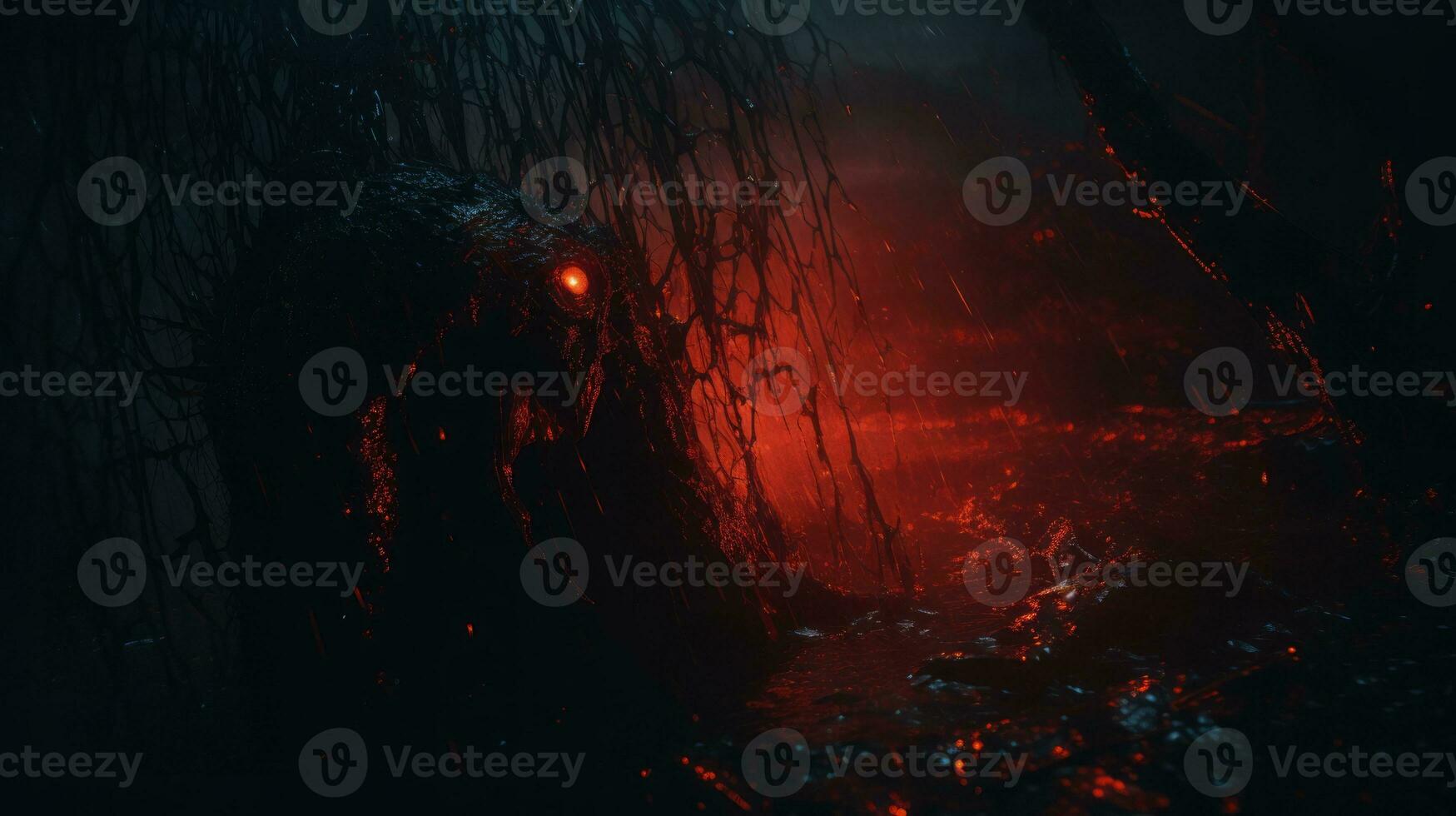 a dark creepy creature in the woods with red eyes generative ai photo