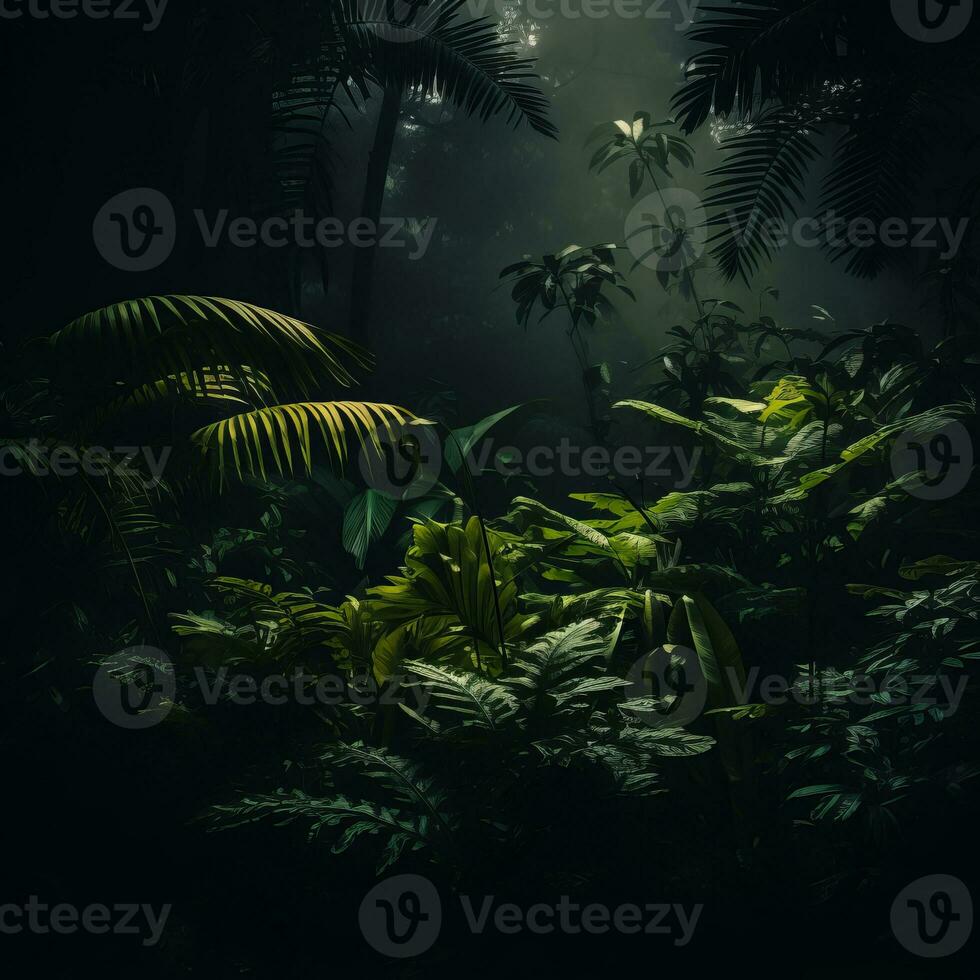 a dark forest with plants and trees in the dark generative ai photo