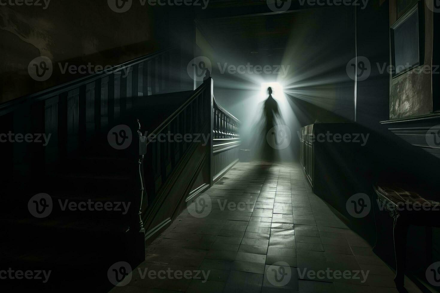 a dark hallway with stairs leading up to a light at the top generative ai photo