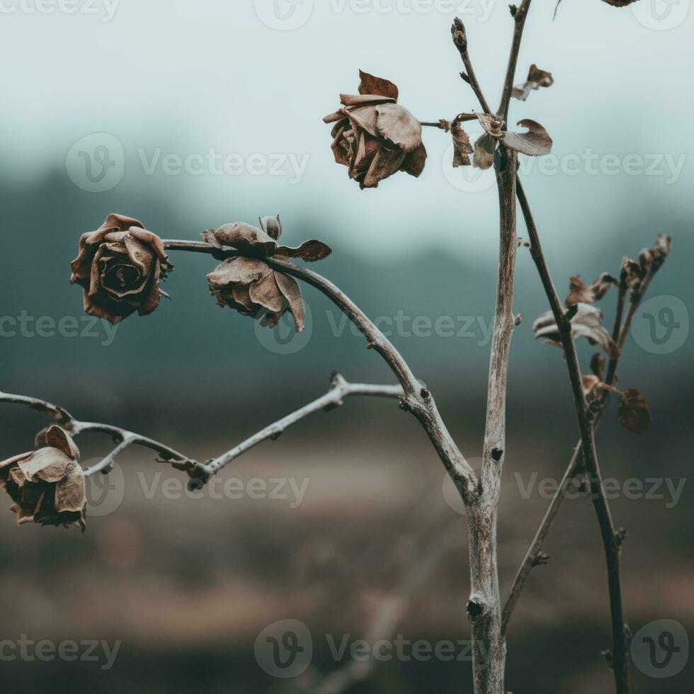 a dead rose plant in the middle of a field generative ai photo