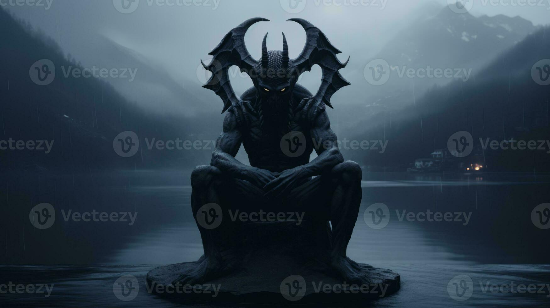 a demon sitting on top of a rock in front of a lake generative ai photo