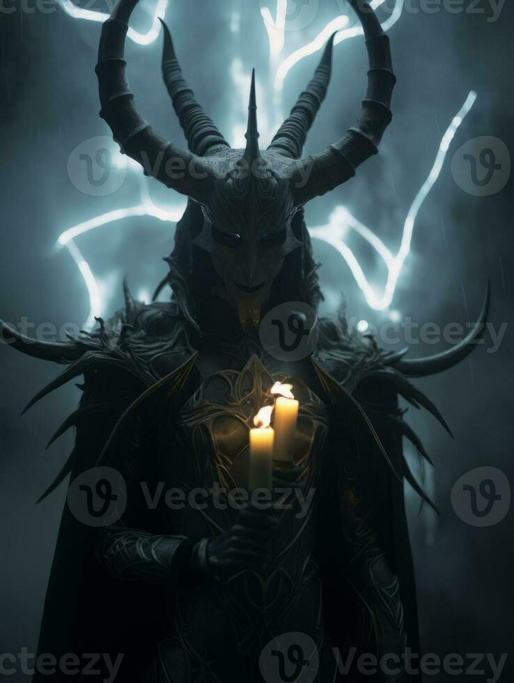 a demon with horns holding a candle in the dark generative ai photo