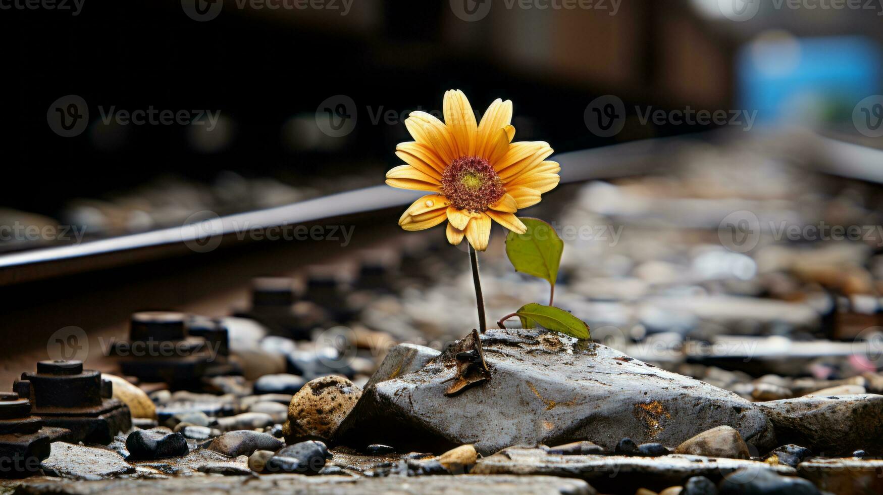 a flower growing out of a rock on the side of a train track generative ai photo