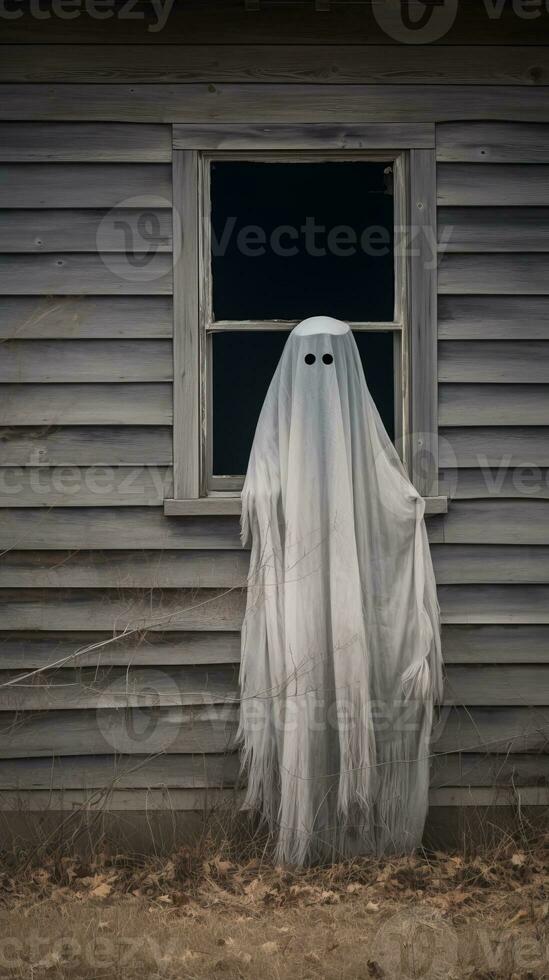 a ghost standing in front of an old house generative ai photo
