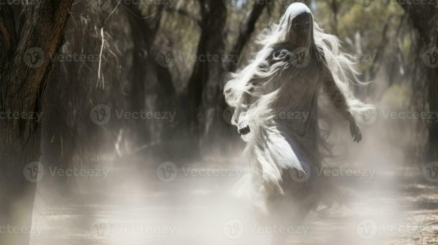a ghost walking through the woods with long white hair generative ai photo