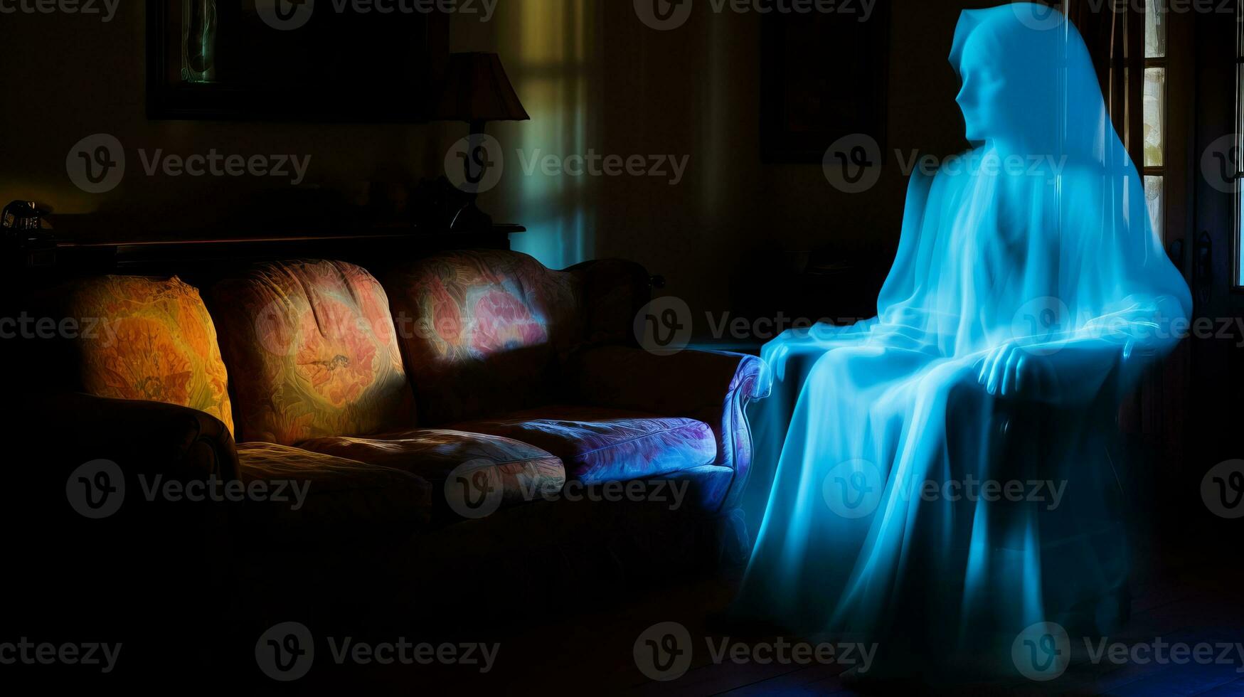 a ghost sitting in a chair in a dark room generative ai photo