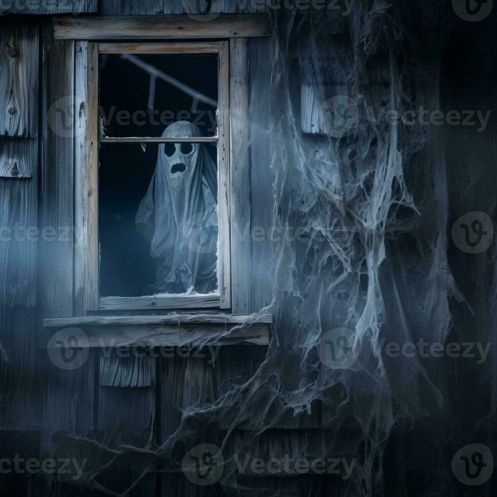 a ghostly face is seen through the window of a haunted house generative ai photo