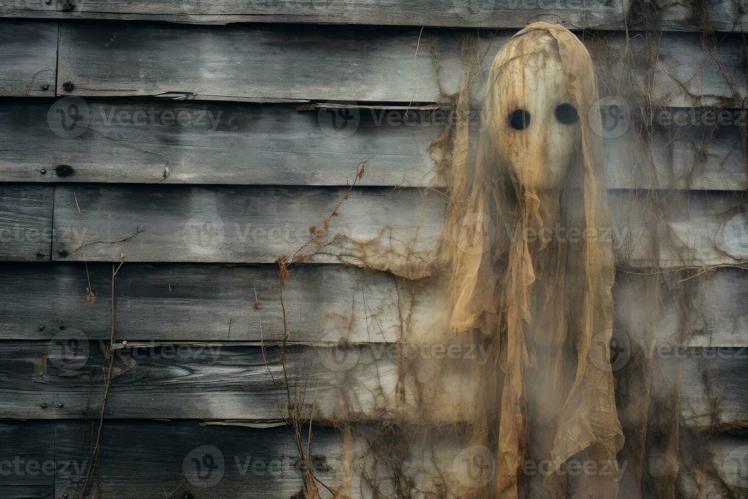 a ghostly face is standing in front of a wooden wall generative ai photo