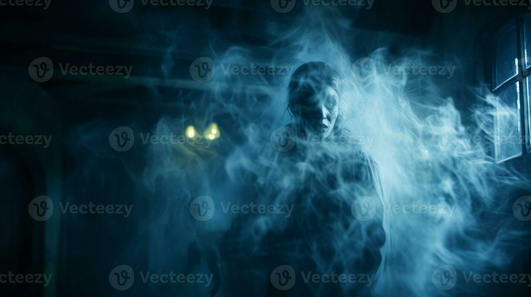 a ghostly figure in a dark room with smoke coming out of it generative ai photo