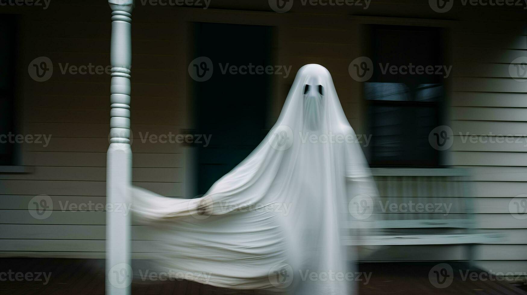 a ghostly figure in a white dress standing in front of a house generative ai photo