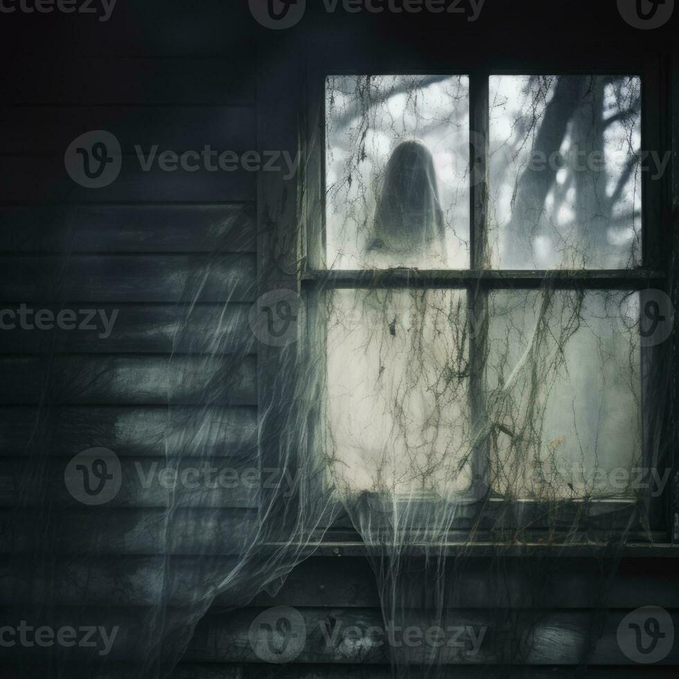 a ghostly figure is seen through the window of an old house generative ai photo