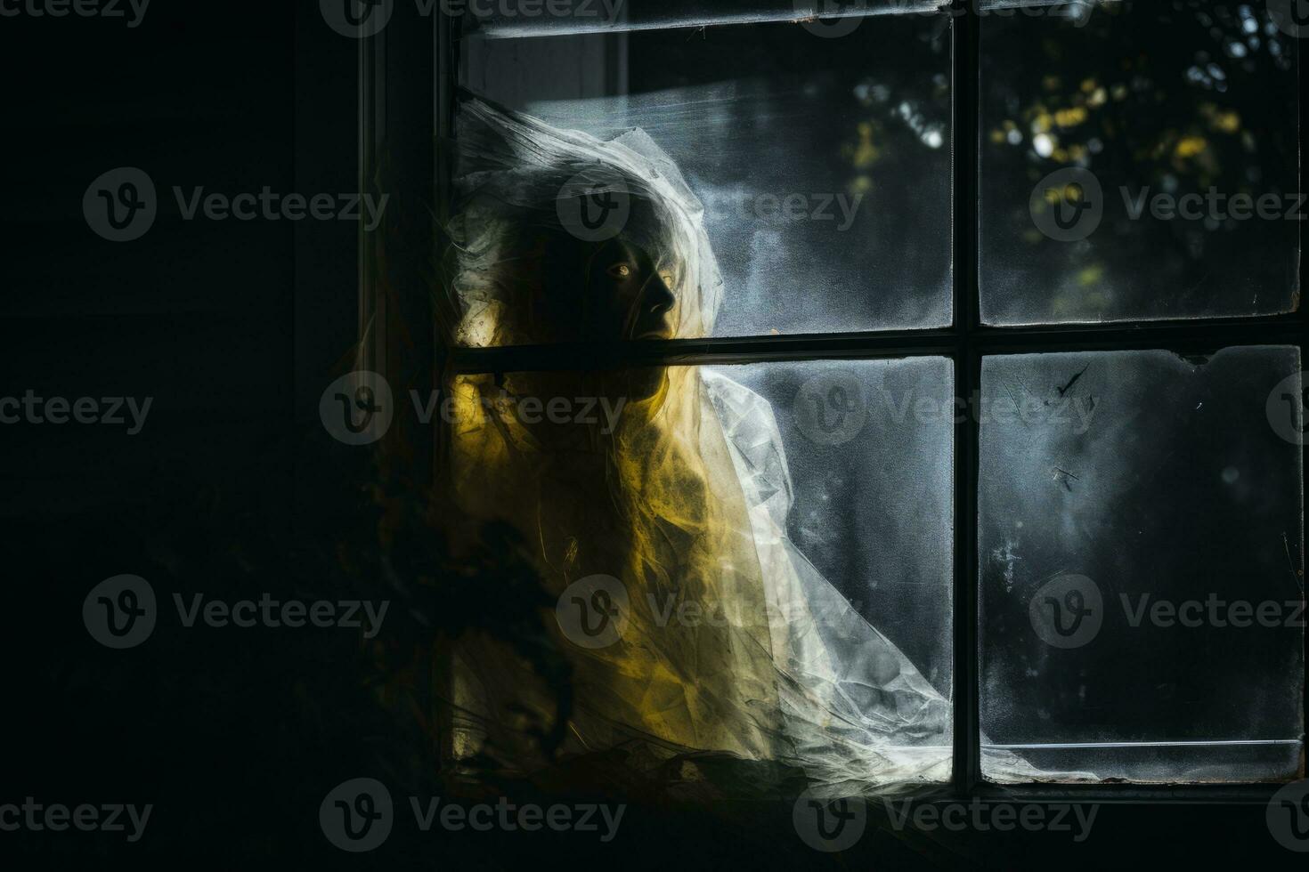 a ghostly figure is seen through a window in a dark room generative ai photo