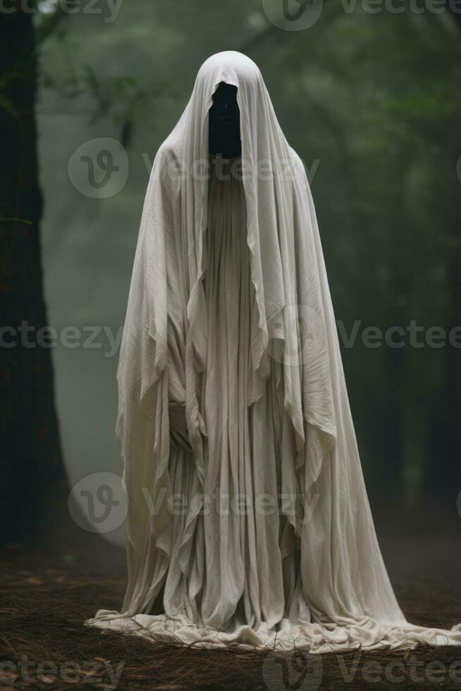 a ghostly figure in a white cloak standing in the woods generative ai photo