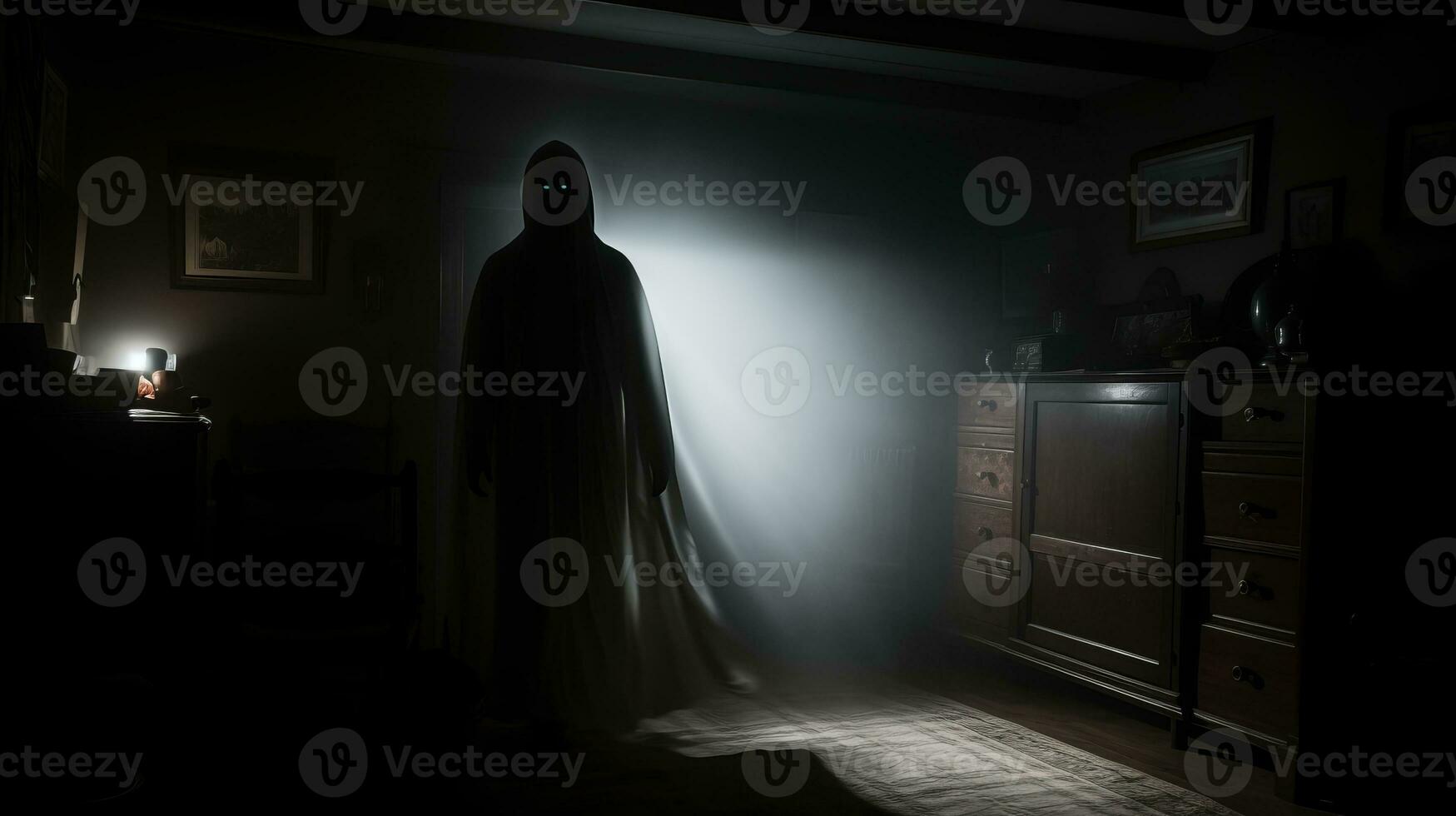a ghostly figure standing in a dark room generative ai photo
