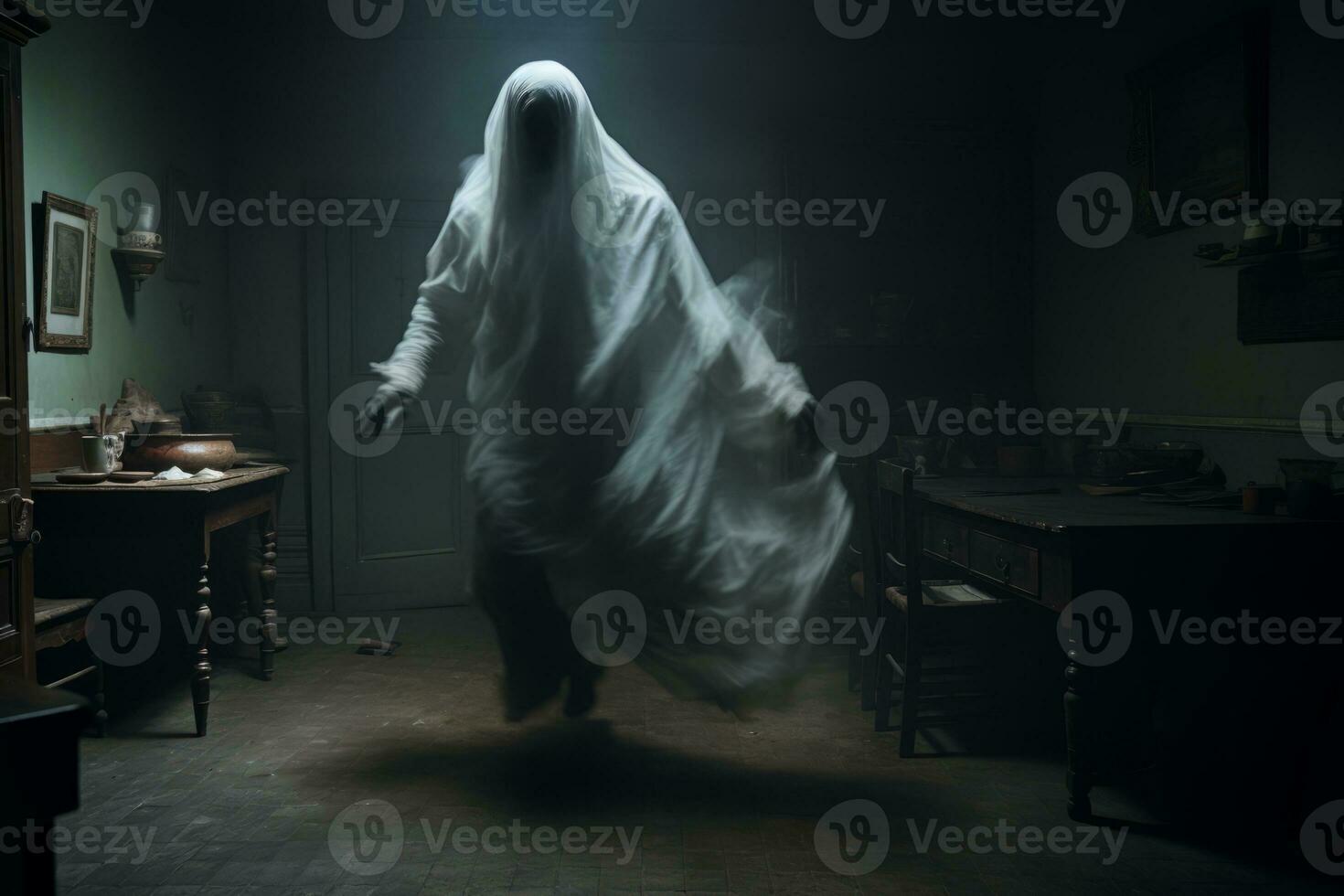 a ghostly figure is walking through a dark room generative ai photo