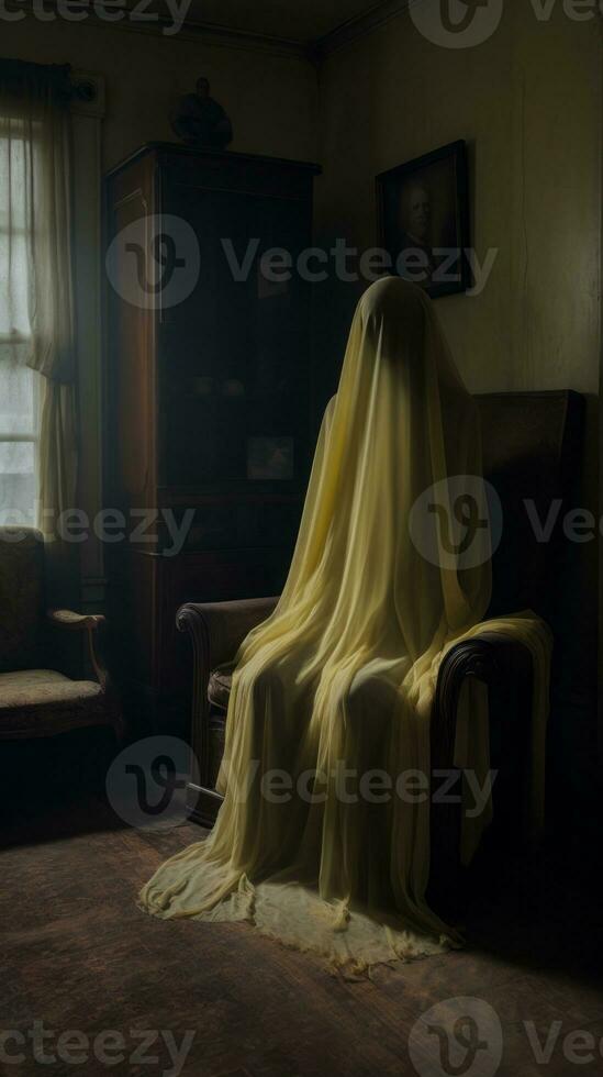 a ghostly figure sits in a chair in an empty room generative ai photo
