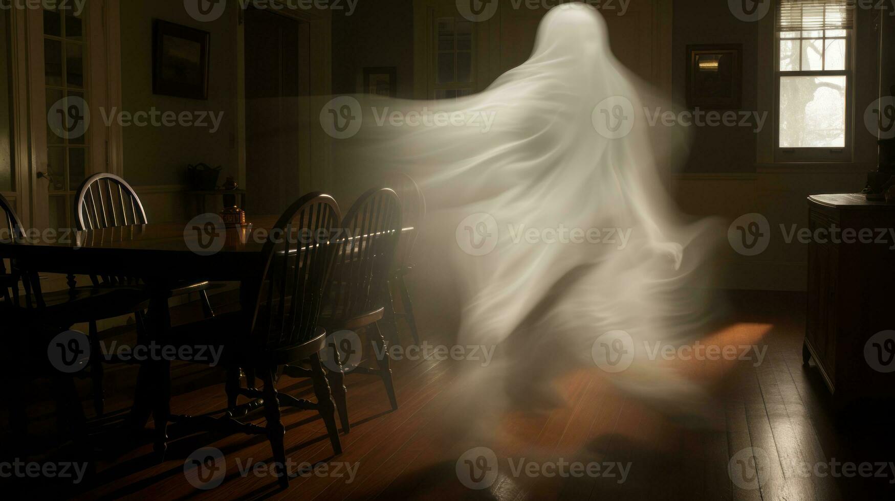 a ghostly image of a ghostly figure in a dining room generative ai photo