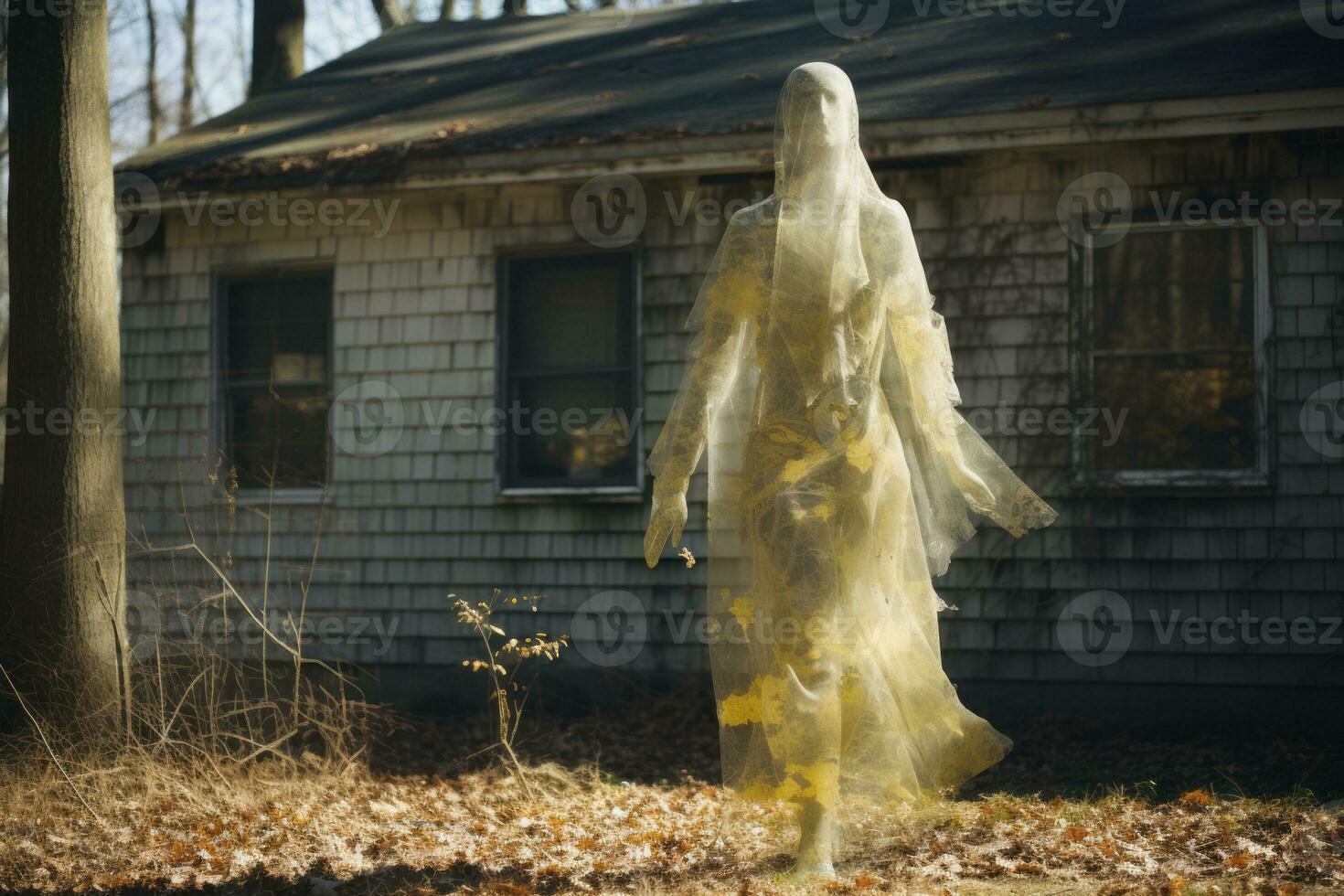 a ghostly figure stands in front of a house generative ai photo