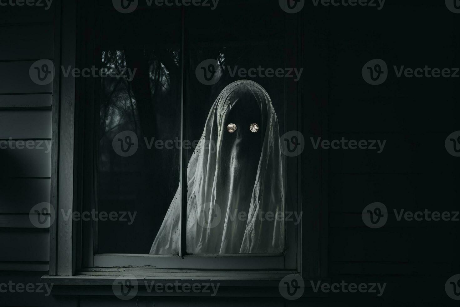 a ghostly image of a ghost looking out of a window generative ai photo