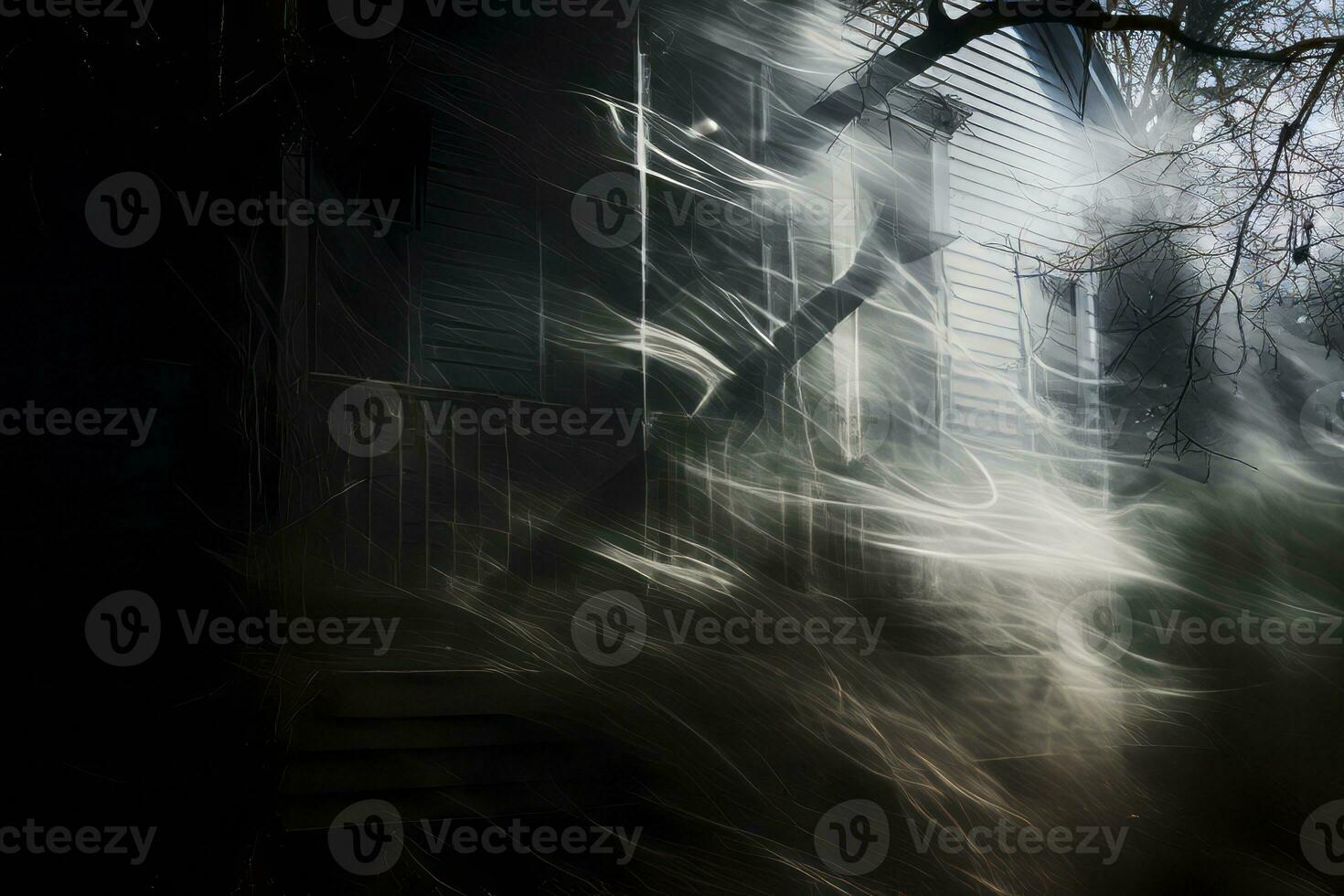 a ghostly image of a house with a tree in the background generative ai photo