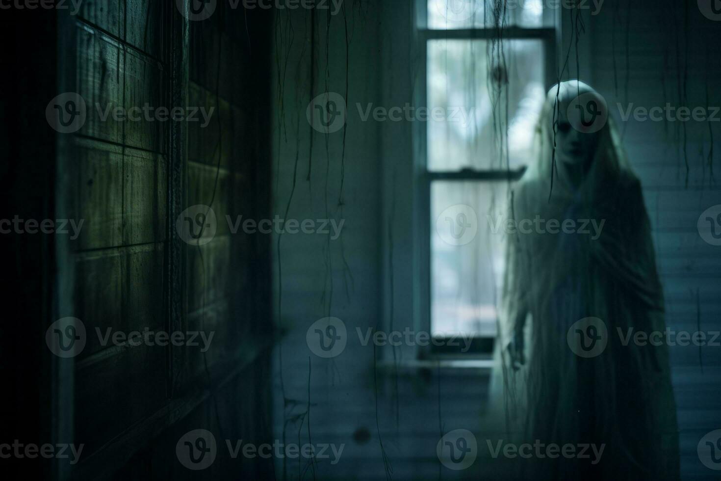 a ghostly woman standing in the dark in front of a window generative ai photo