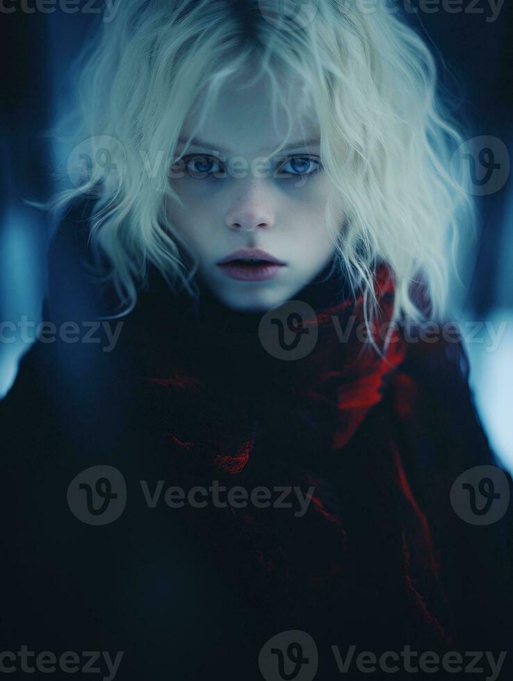 a girl with blonde hair in a red scarf generative ai photo