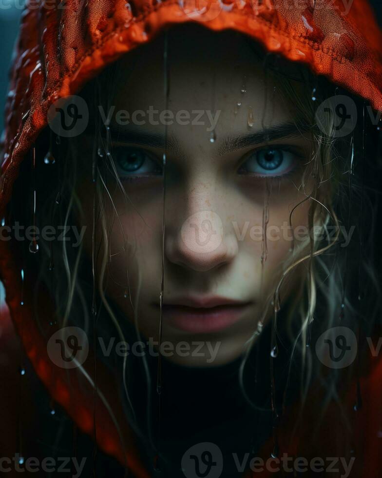 a girl with blue eyes and a red hoodie in the rain generative ai photo