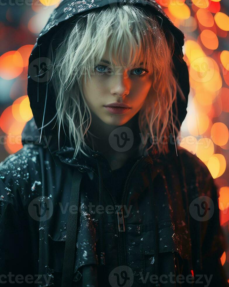 a girl with blonde hair and a black jacket standing in front of lights generative ai photo