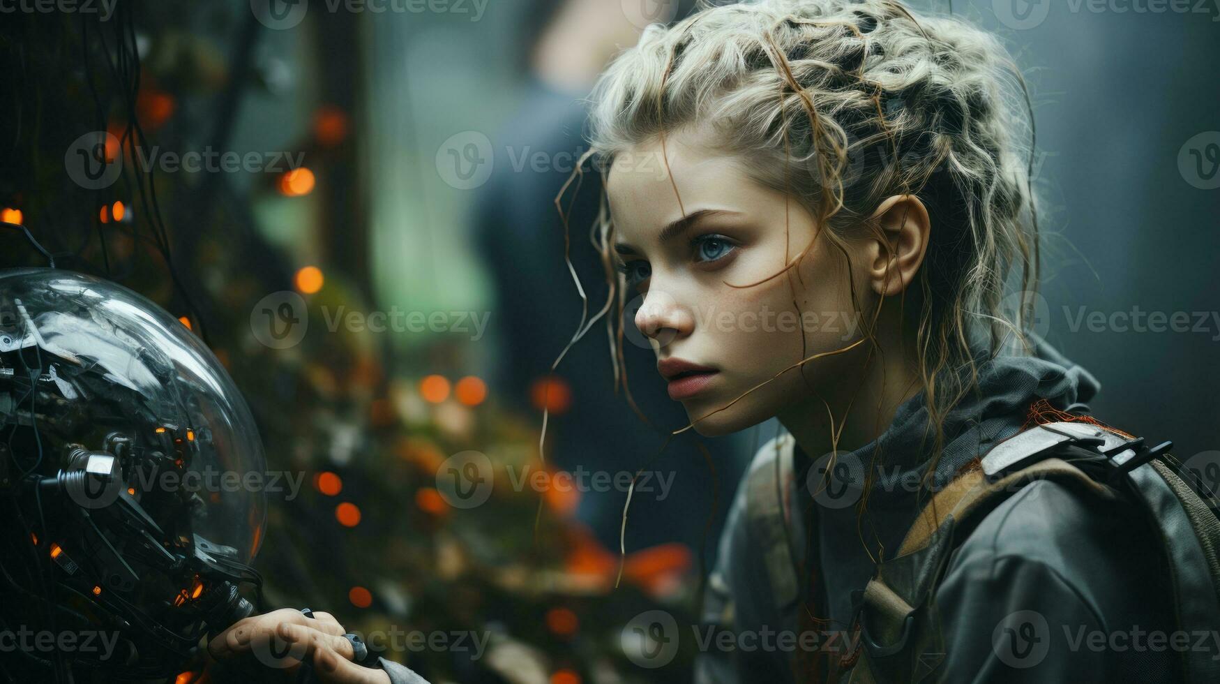 a girl with braided hair and a helmet is looking at something in the dark generative ai photo