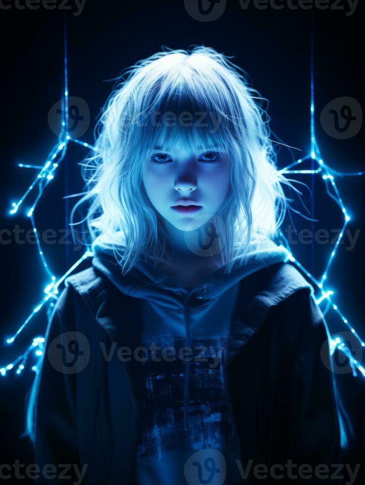 a girl with blue hair standing in front of a dark background generative ai photo