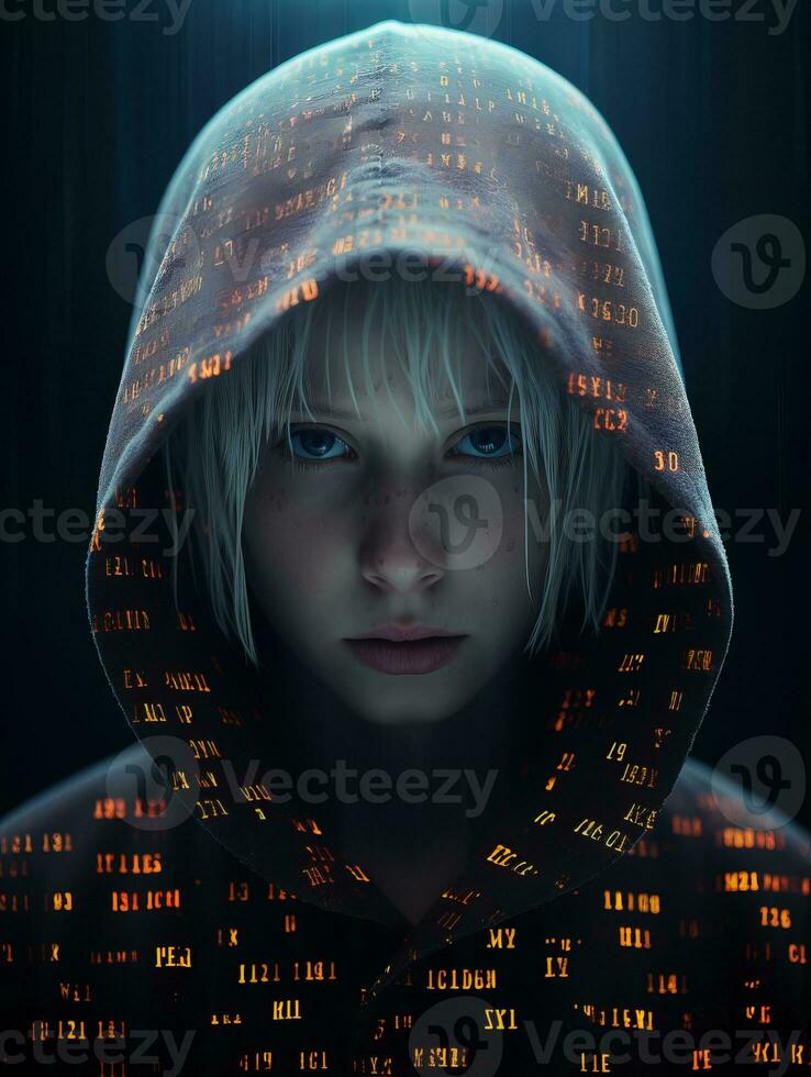 a girl wearing a hoodie with binary code on her face generative ai photo