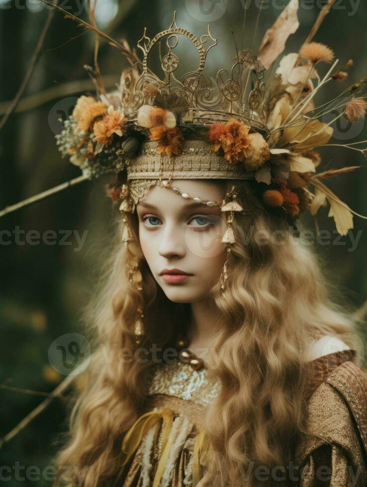 a girl with long hair wearing a crown in the woods generative ai photo