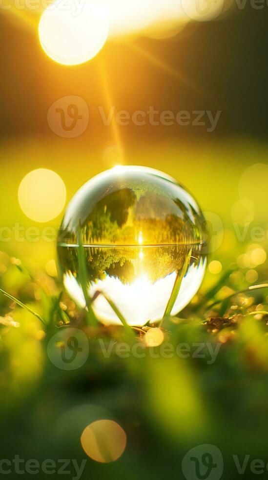a glass ball on the grass with the sun in the background generative ai photo
