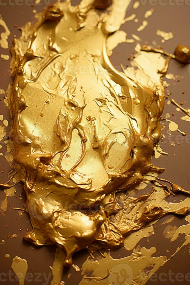 a golden liquid splattered on a brown surface generative ai photo
