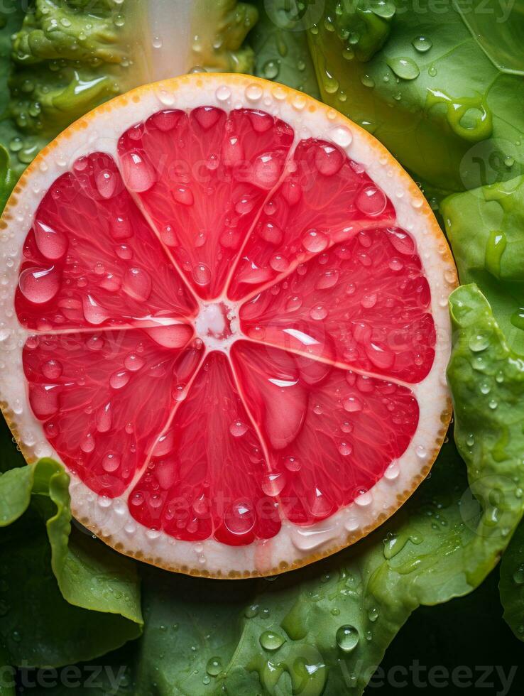 a grapefruit is cut in half with water droplets on it generative ai photo