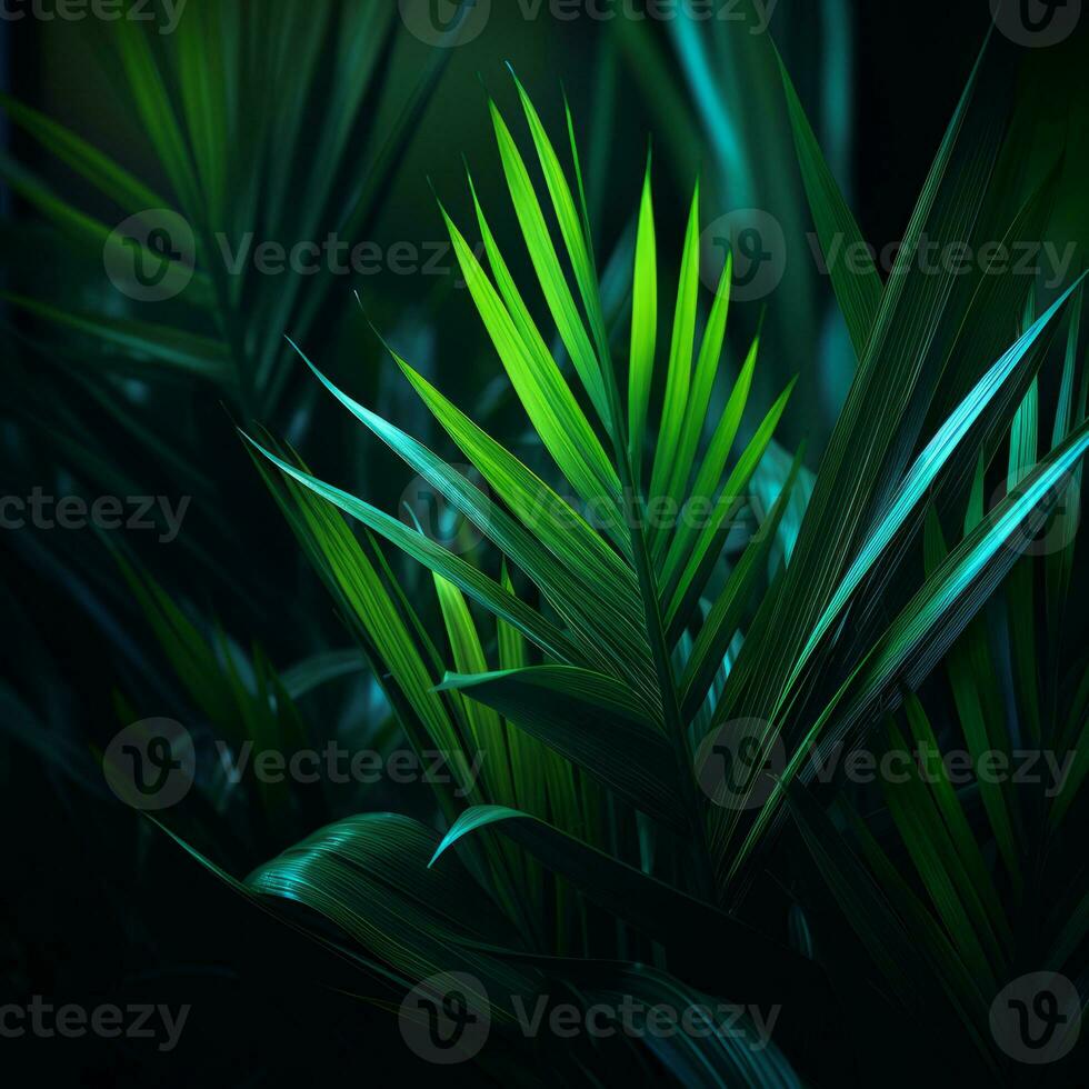 a green palm tree with bright green leaves in the dark generative ai photo